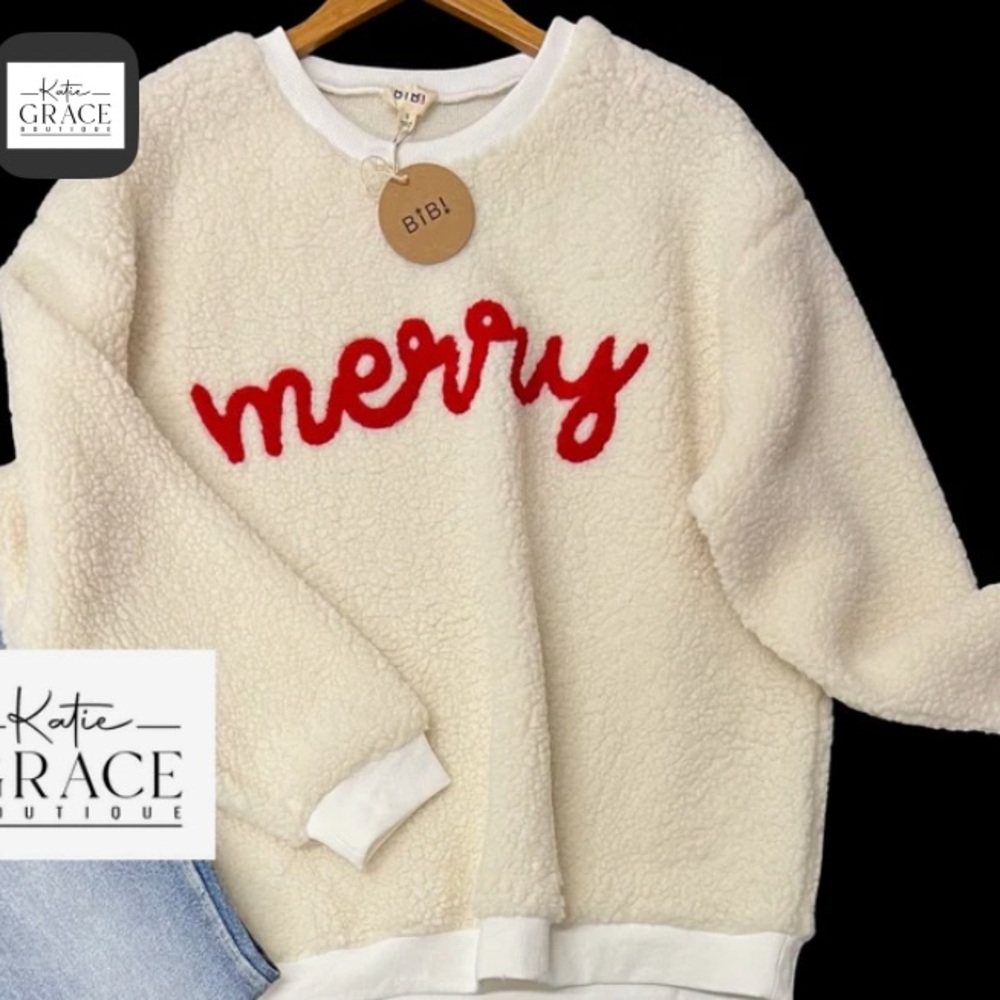 BiBi Cream Sweatshirt with Red 'Merry' Text